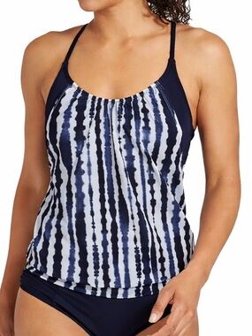 Athleta Tankini Top 36D/DD Navy White Striped Shelf Bra Swim Halter
